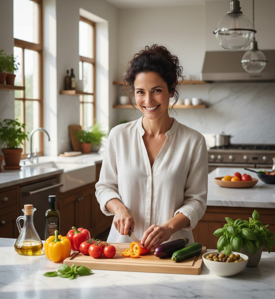 Smiling Italian woman in her 40s preparing fresh Mediterranean vegetables in a modern kitchen, natural lighting, professional photography style, genuine expression of wellness and vitality