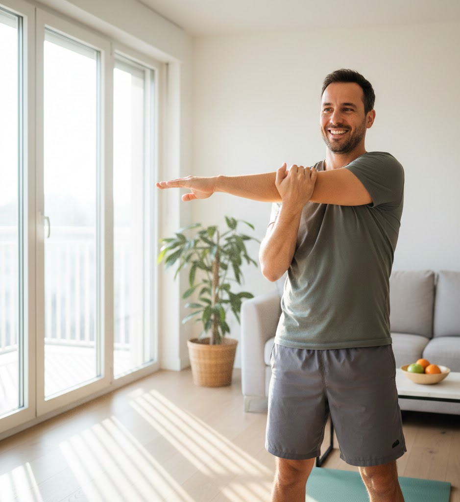 Smiling Italian man in his 30s doing light stretching exercises in a bright modern apartment, morning natural light, lifestyle photography, healthy active routine